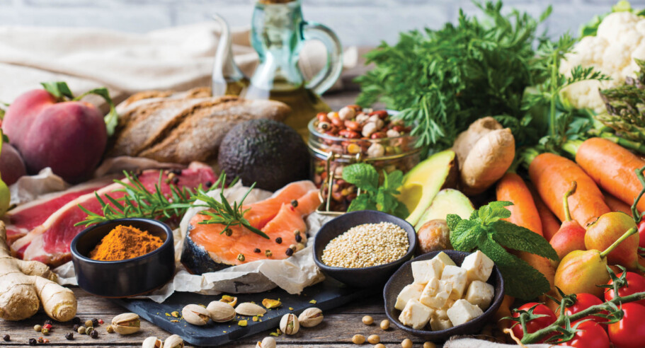 Spread of nutritious foods, such as salmon, avocados, nuts, greens, etc.