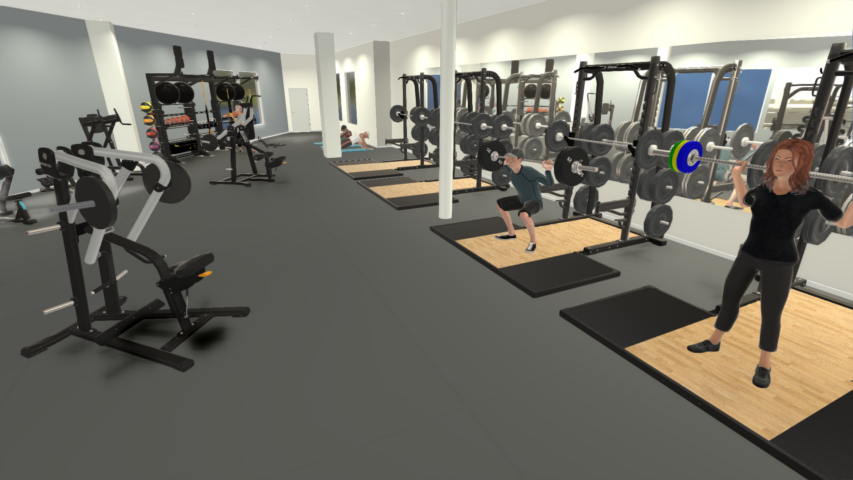 People are exercising in a gym, using weightlifting equipment and machines.