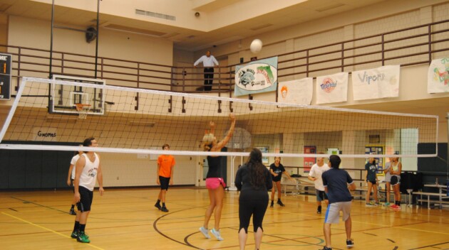 Adults playing volleyball.