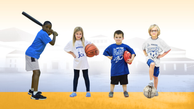 A group of children are posing with basketballs and bats.