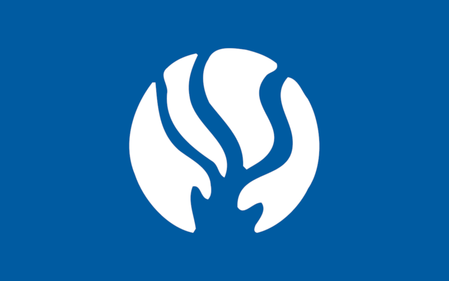 A blue and white logo with a leaf on it.