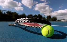 A tennis racket and ball on a blue tennis court.