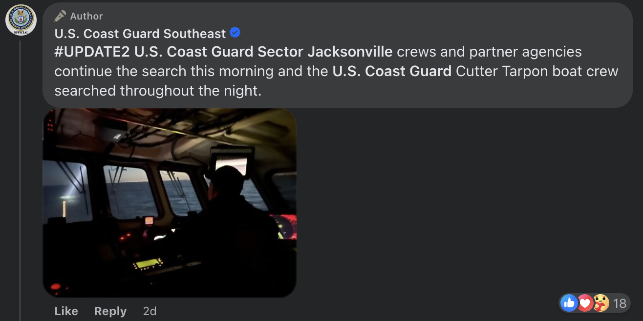 Uscg jacksonville tweets a picture of a ship.