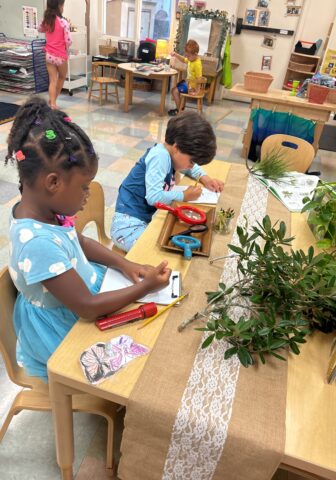 Children drawing at a classroom table with art supplies and plants.