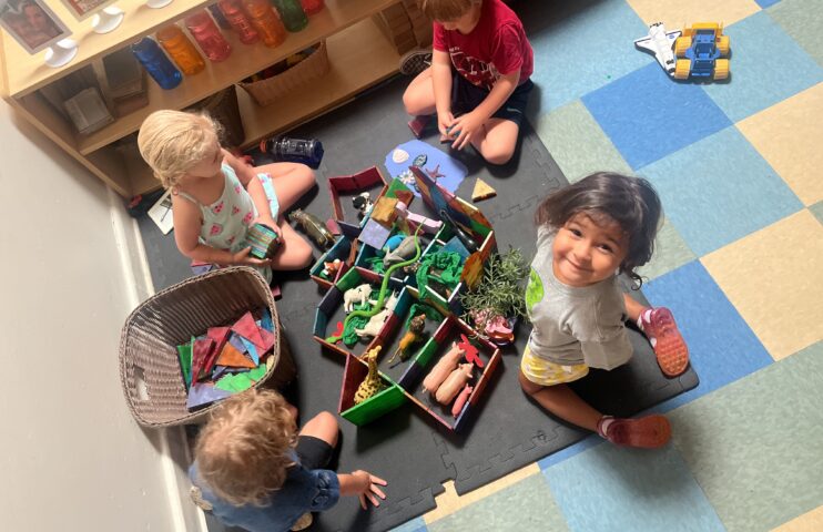 Children play with toy animals on a mat in a classroom setting. One child smiles at the camera.