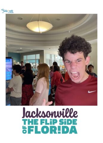 A group of people inside a room with a boy in a red shirt in the foreground, making an expressive face. Text below reads, "Jacksonville: The Flip Side of Florida.