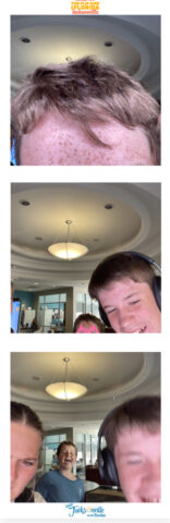 Four photo booth style images of people laughing in an office setting, with two overhead lights visible.