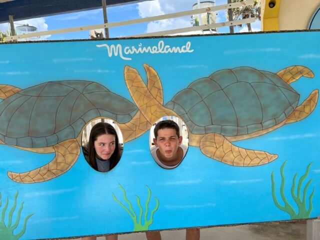 Two people standing in front of a board with turtles on it.