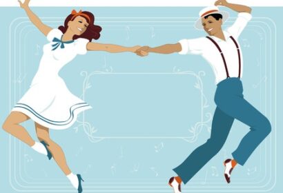 A man and woman dancing on a blue background.