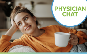 A woman laying on a couch with a cup of coffee and the words physician chat.