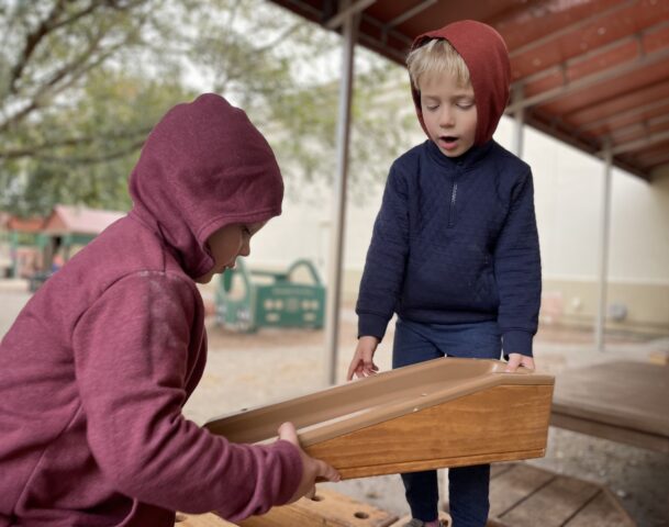 Two young boys playing with a wooden box.