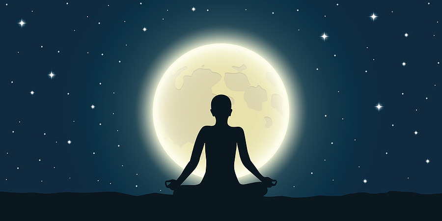 Peaceful meditation and yoga at full moon and starry sky illustration.