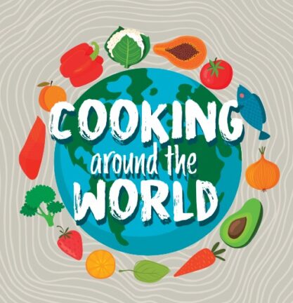 Illustration of various foods like vegetables, fruits, and fish encircling a globe with the text "Cooking around the World" in the center.