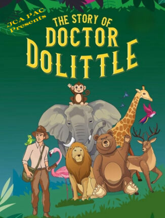 Illustrated poster with the title "The Story of Doctor Dolittle." Features Doctor Dolittle with various animals, including a lion, bear, elephant, giraffe, monkey, deer, and flamingo.