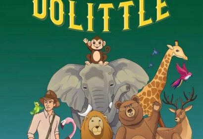 Illustrated poster with the title "The Story of Doctor Dolittle." Features Doctor Dolittle with various animals, including a lion, bear, elephant, giraffe, monkey, deer, and flamingo.