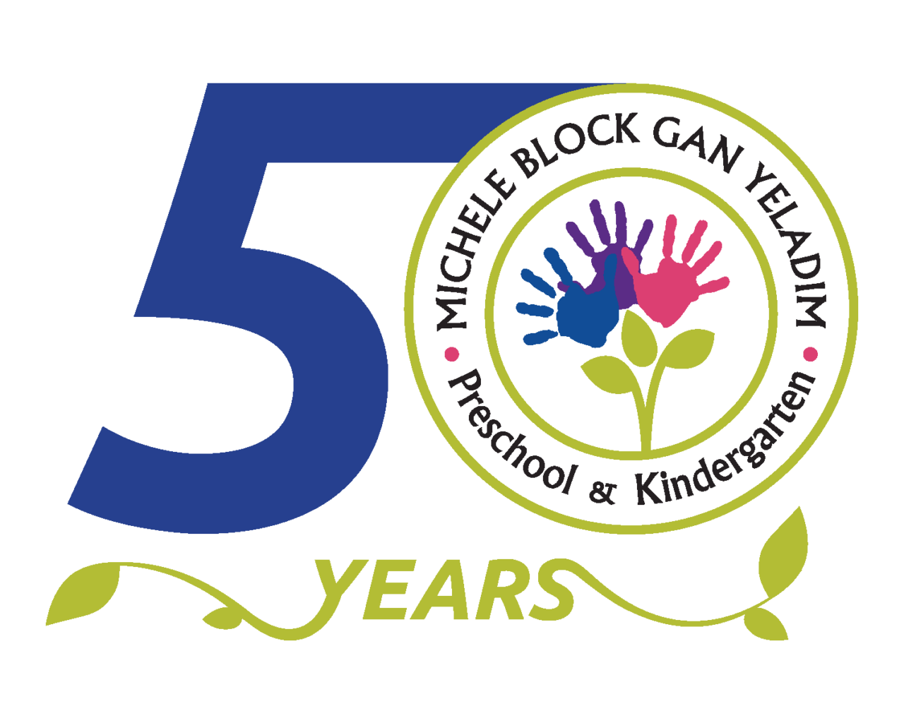 Logo for Michele Block Gan Yeladim Preschool & Kindergarten's 50th anniversary featuring the number "50," colorful handprints, and green leaves.