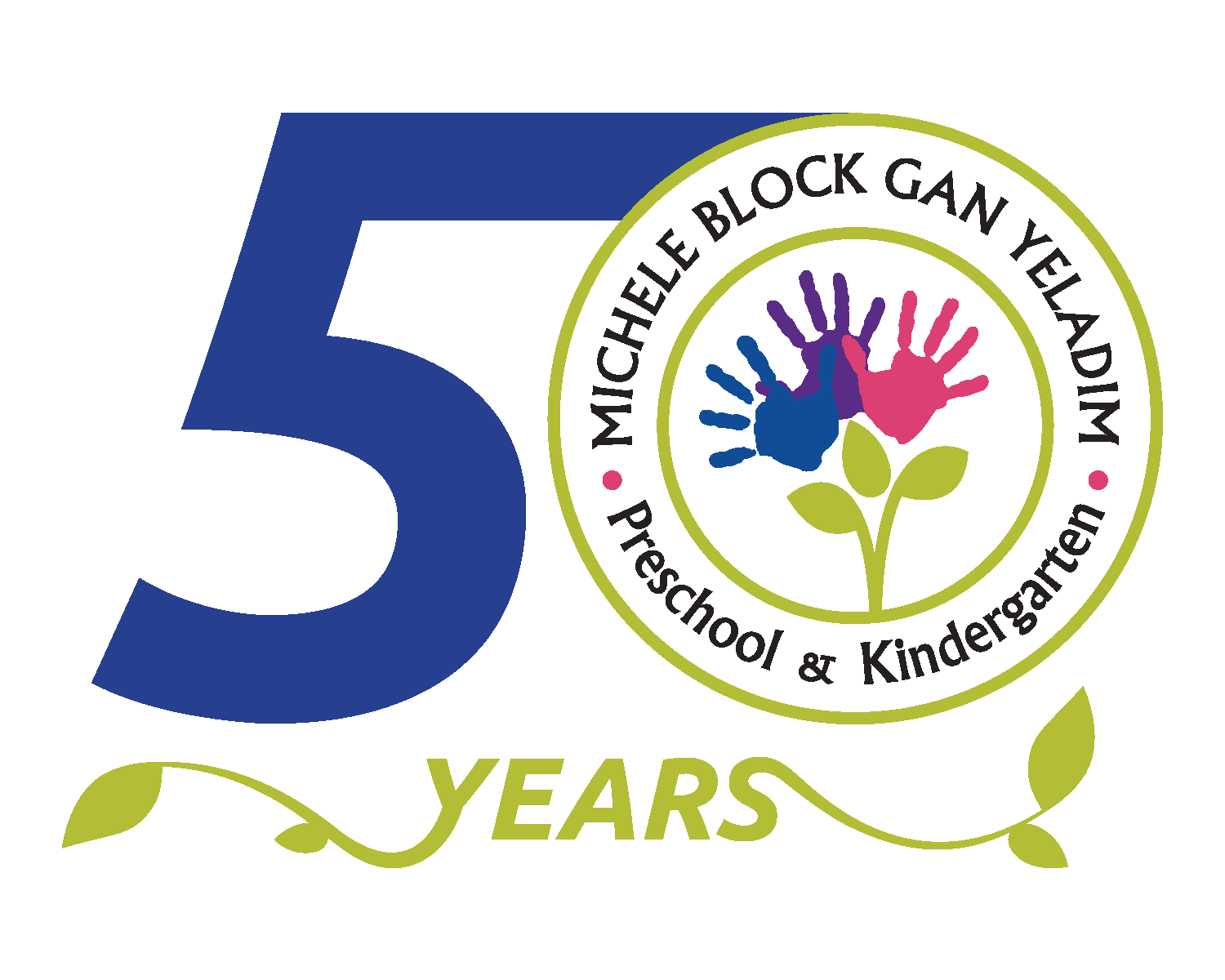 Logo for Michele Block Gan Yeladim Preschool & Kindergarten's 50th anniversary featuring the number "50," colorful handprints, and green leaves.