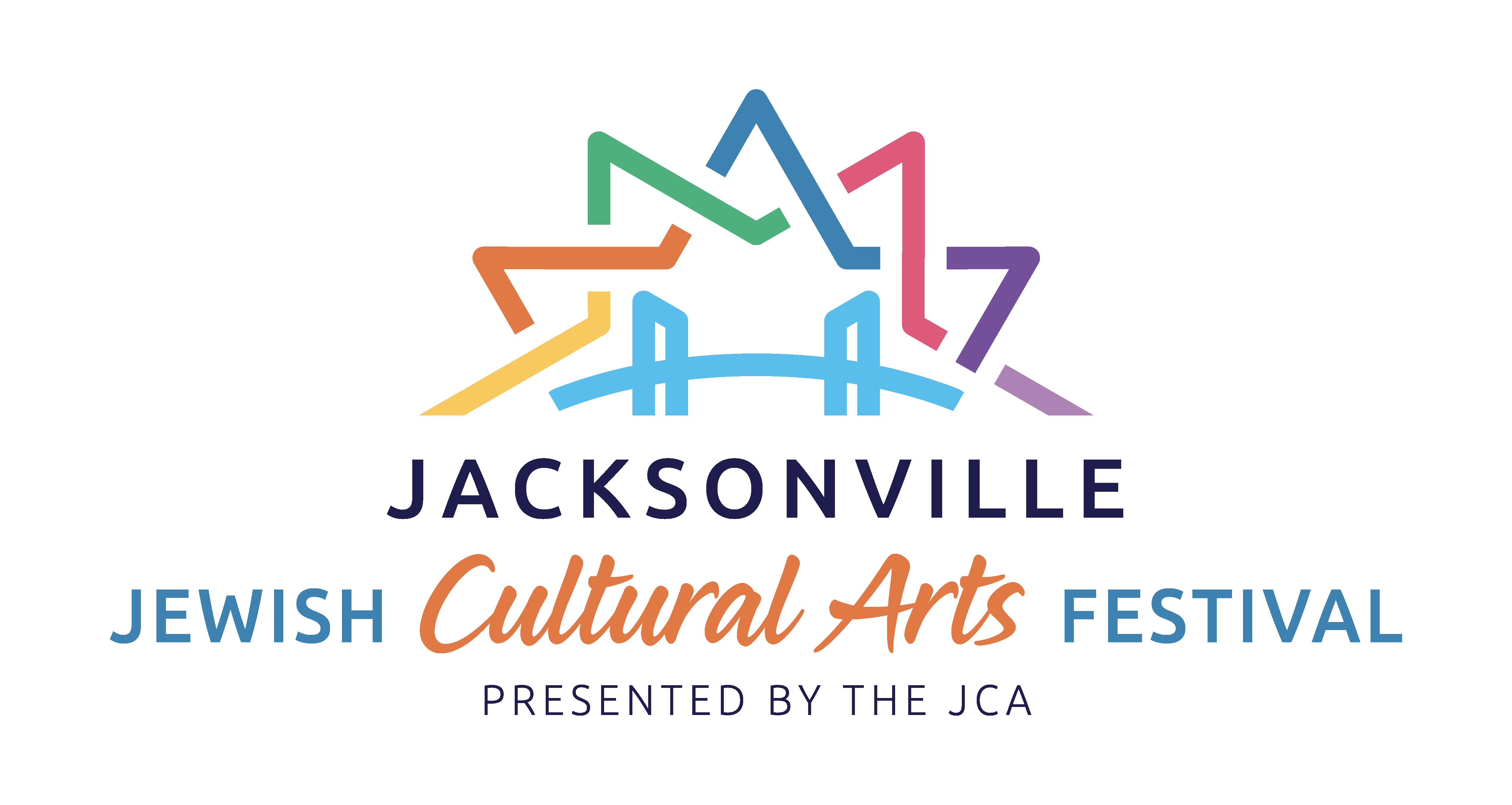 Logo for the "Jacksonville Jewish Cultural Arts Festival presented by the JCA," featuring stylized colorful lines and text.