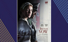 Movie poster for "Irena's Vow" showing a woman in period clothing with a soldier wearing a Nazi armband in the background, with festival laurels and actor names displayed.