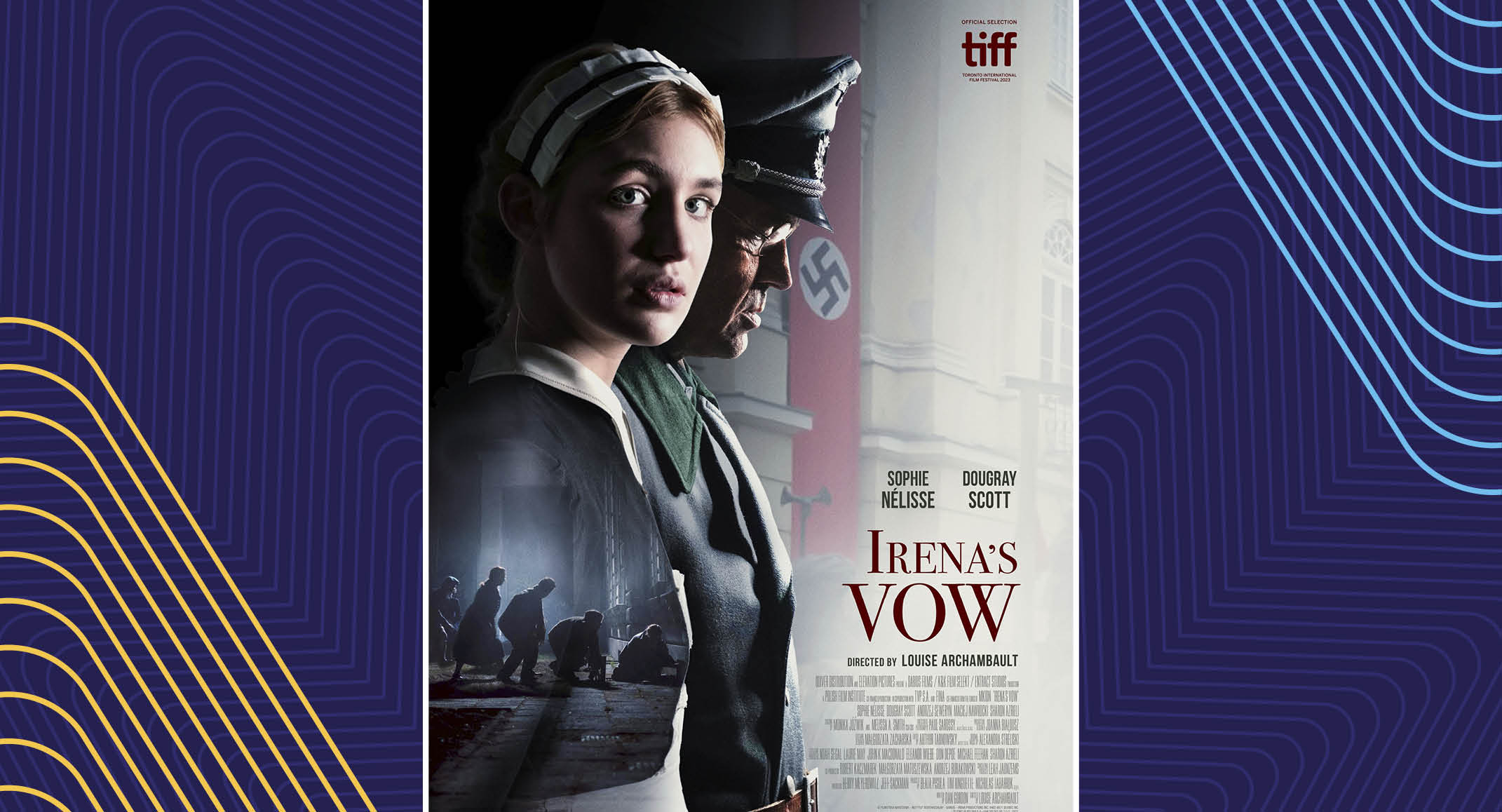 Movie poster for "Irena's Vow" showing a woman in period clothing with a soldier wearing a Nazi armband in the background, with festival laurels and actor names displayed.