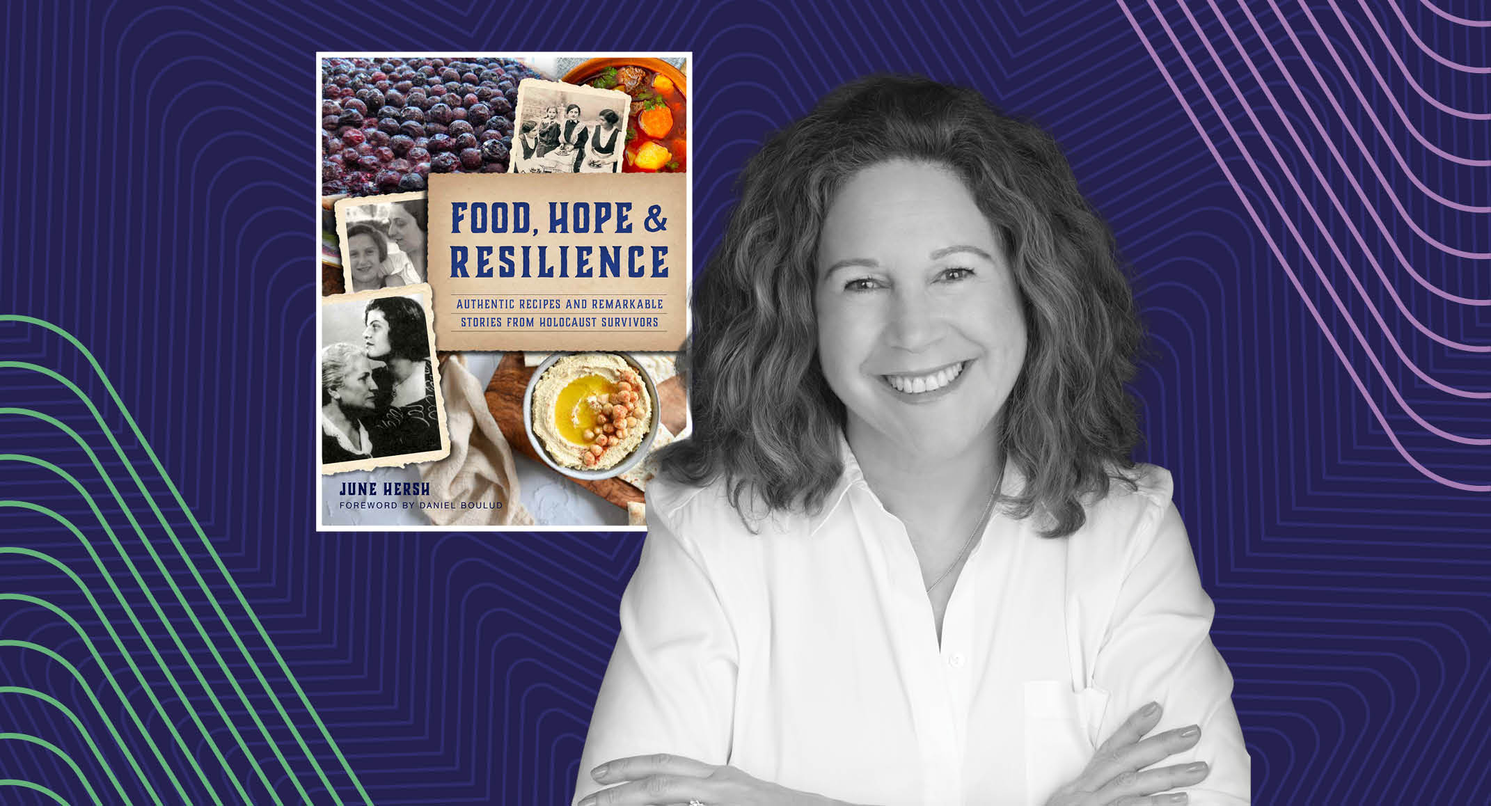 A woman stands with arms crossed in front of a book titled "Food, Hope & Resilience: Authentic Recipes and Remarkable Stories from Appalachian Homesteads" by June Weber.