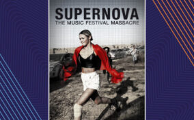 A person in white shorts and a red jacket runs in a field with the text "SUPERNOVA The Music Festival Massacre" above them. Background includes people and vehicles.