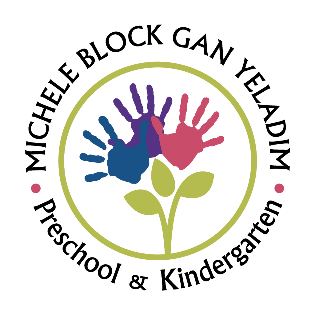 Logo for Michele Block Gan Yeladim Preschool & Kindergarten featuring colorful handprints forming a flower with green leaves.