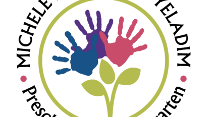 Logo for Michele Block Gan Yeladim Preschool & Kindergarten featuring colorful handprints forming a flower with green leaves.