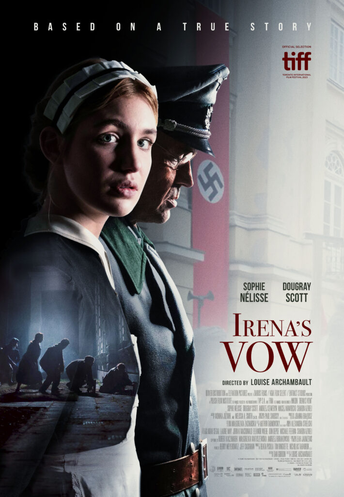 Movie poster for "Irena's Vow," featuring a woman in 1940s attire standing beside a man in a Nazi uniform. Dark figures appear in the background.