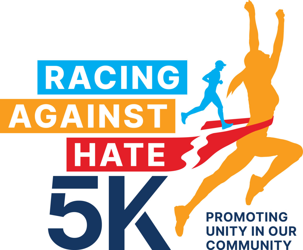 Logo for "Racing Against Hate 5K" featuring a silhouette of a runner crossing a finish line ribbon and the text "Promoting Unity in Our Community.