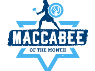 Silhouette of a person with a hammer and shield on the "Maccabee of the Month" logo, featuring a blue star.