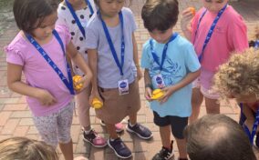 Children standing on a patio participating in an outdoor activity involving small orange balls. Two adults are assisting them.