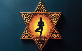 Silhouette of a person meditating in a yoga pose inside a decorative hexagram against a dark background.