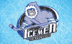 Logo of the Jacksonville Icemen featuring a cartoon character in winter gear holding a hockey stick against an icy blue background.