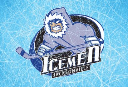 Logo of the Jacksonville Icemen featuring a cartoon character in winter gear holding a hockey stick against an icy blue background.