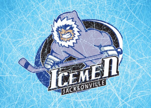 Logo of the Jacksonville Icemen featuring a cartoon character in winter gear holding a hockey stick against an icy blue background.