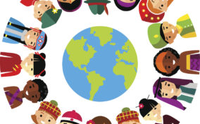 Diverse cartoon people in traditional clothing form a circle around an Earth illustration, depicting global unity.