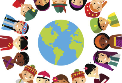 Illustration of a globe surrounded by diverse, smiling people wearing traditional clothing from various cultures, arranged in a circle.