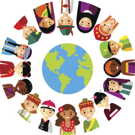 Illustration of a globe surrounded by diverse, smiling people wearing traditional clothing from various cultures, arranged in a circle.