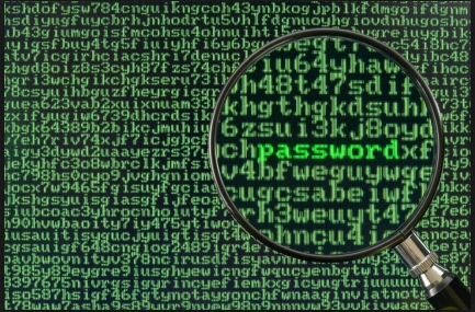 A magnifying glass highlights the word "password" within a block of green, jumbled alphanumeric code on a screen.