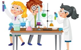 Three children in lab coats conduct experiments using beakers and test tubes at a laboratory table.