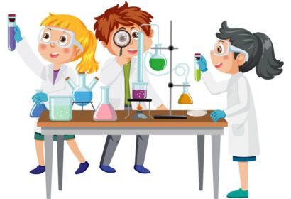 Three children in lab coats conduct experiments using beakers and test tubes at a laboratory table.