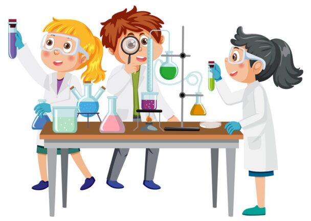 Three children in lab coats conduct experiments using beakers and test tubes at a laboratory table.