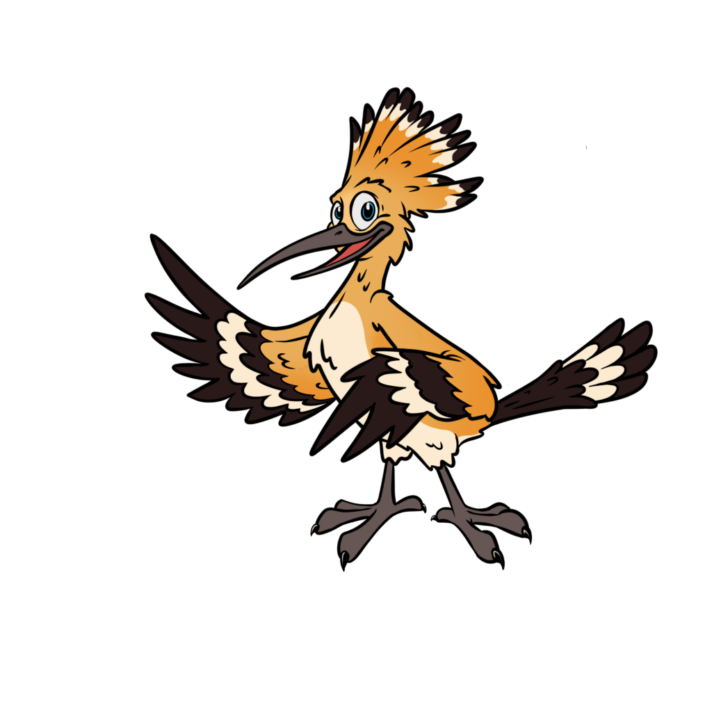 A cartoon bird with an orange crest and blue eyes stands with wings spread, on a black background.