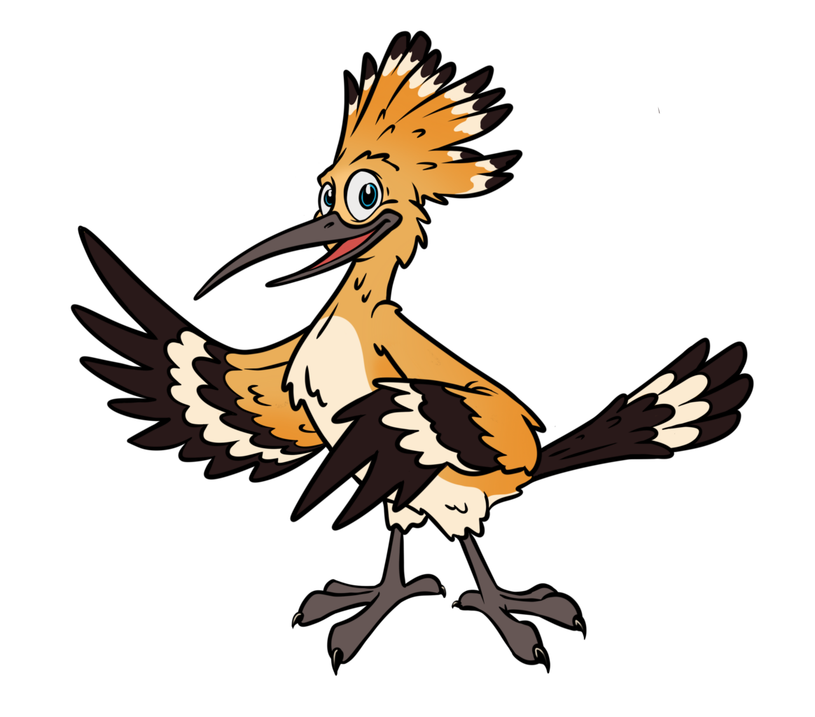 A cartoon bird with an orange crest and blue eyes stands with wings spread, on a black background.