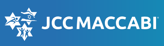 JCC Maccabi logo featuring two stylized stars with athletic figures and a waving flag, set against a gradient blue background.