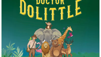 Colorful poster for "The Story of Doctor Dolittle" play with show dates: Dec 7, 8, and 15, featuring cast names and ticket info. Contact details at the bottom.