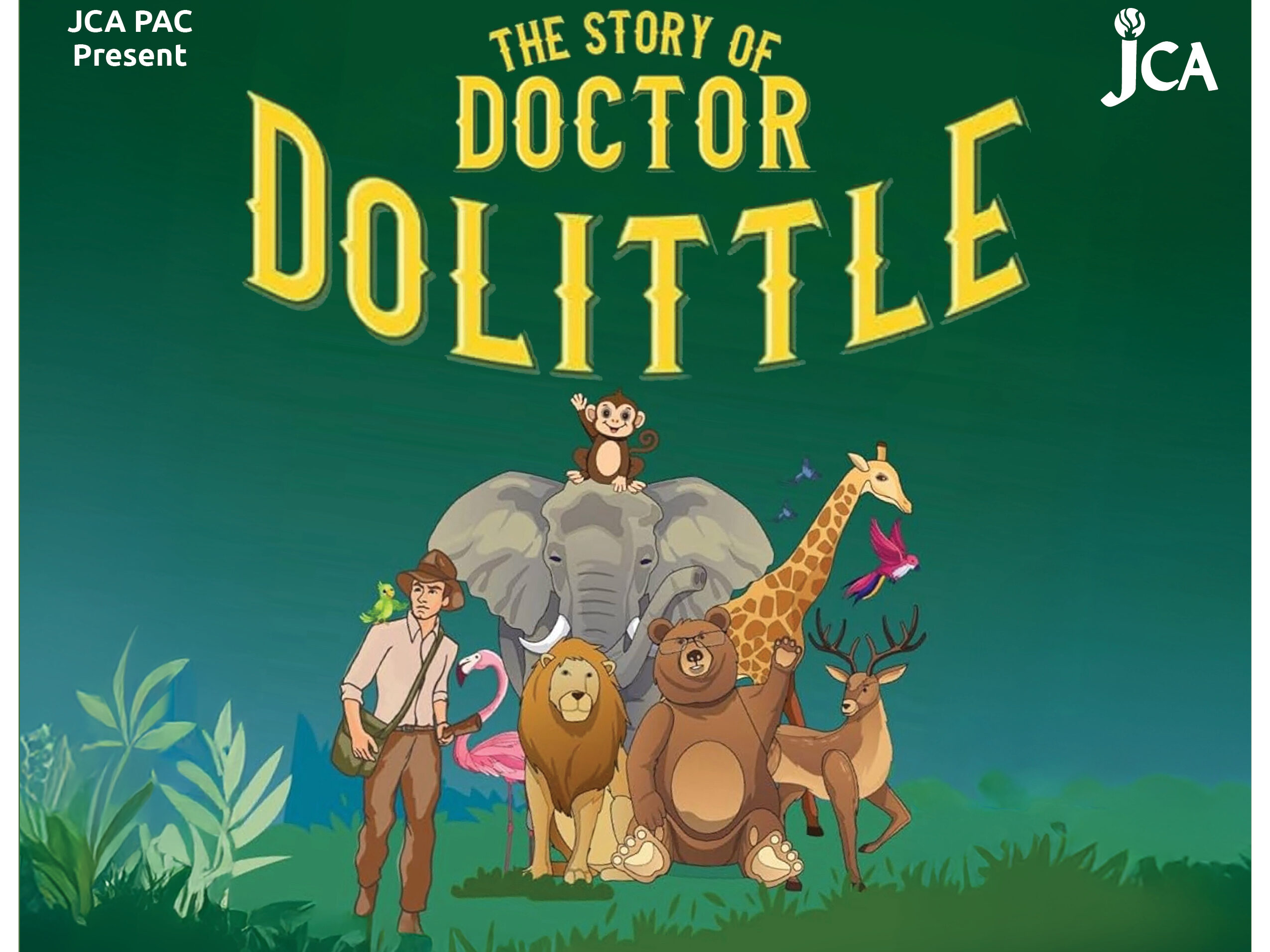 Colorful poster for "The Story of Doctor Dolittle" play with show dates: Dec 7, 8, and 15, featuring cast names and ticket info. Contact details at the bottom.