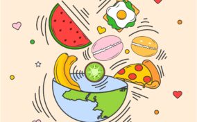 Illustration of Earth as a bowl with fruit, pizza, a sandwich, and macarons floating around it, surrounded by hearts and stars.