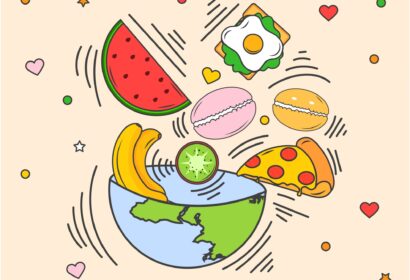 Illustration of Earth as a bowl with fruit, pizza, a sandwich, and macarons floating around it, surrounded by hearts and stars.